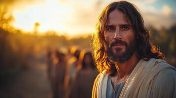 Yeshua stands gracefully radiant golden light as followers gather around Him captivated His wisdom and compassion in peaceful biblical setting photo