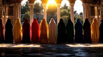group of women in beautiful Turkish hijabs and modest gowns gathers in palace courtyard bathed in soft glow of setting sun capturing essence of Eid al Fitr photo