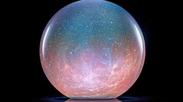captivating celestial sphere showcases cosmic microwave background radiation. Colorful heat patterns highlight temperature changes from Big Bang set against dark cosmic void photo
