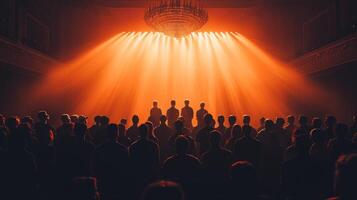 Bright spotlights illuminate actors taking bow while audience erupts in applause capturing joy and connection of successful performance in grand venue photo
