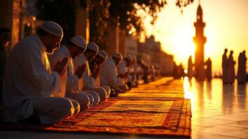 During Eid al Fitr small group of men gathers in outdoor prayer area participating in prayer sunset sound of Adhan echoing in background creating serene atmosphere photo