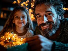 Excitement fills air as father helps his son unwrap small gift while mother smiles lovingly in background celebrating family traditions and unity during Eid al Fitr photo