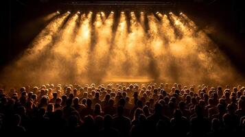 Crowd gathers in anticipation boxing event illuminated intense spotlights and enveloped in smoke as boxing ring awaits next match creating thrilling atmosphere photo