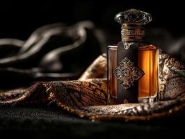 close up view of sophisticated Arabian sandalwood perfume bottle nestled beside folded bisht and keffiyeh on rich velvet backdrop reflecting spirit of Eid al Fitr photo