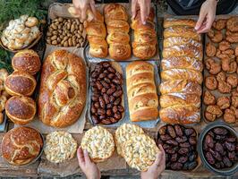 vibrant gathering features freshly baked bread and dates being divided into portions for Ramadan charity event emphasizing tradition and community support during celebration photo