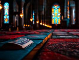 Rows of prayer mats await worshippers inside mosque each featuring open Mushaf ready for recitation. walls display intricate Islamic designs enhancing spiritual atmosphere photo