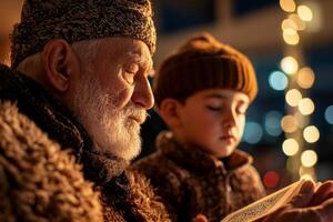 elderly man and young boy are engaged in heartfelt prayer together in warm and quiet home setting. Quran rests open on wooden stand between them symbolizing tradition and faith photo