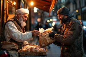 warm afternoon sunlight Muslim man in white thobe generously hands bag of food homeless person in city street sharing spirit of Eid al Fitr photo
