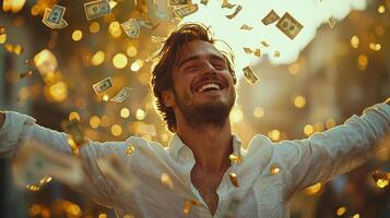 man stands in autumn park arms wide open as golden leaves and banknotes fall around him illuminated warm sunlight symbolizing joy and financial success photo