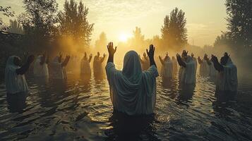 group of followers clad in identical white robes stand waist deep in misty river sunrise raising their hands in unison for purification ritual photo