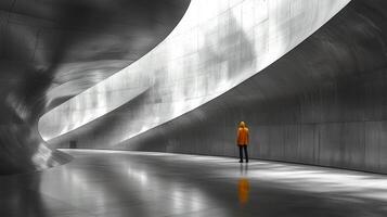 In vast modern maze person in bold yellow outfit stands still amid white walls and intricate geometric shadows creating contrast captivates eye and invites exploration photo