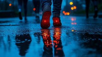 man walks confidently down rainy street expertly avoiding puddles while others all around him contend wet shoes. warm glow reflecting off pavement adds magical touch photo