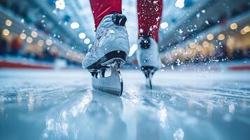 Competitors race in high stakes event as speed skater leans forward power and precision on fresh ice surface illuminated bright lights photo