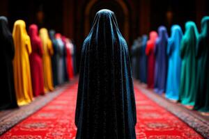Women gather in mosque for Eid al Fitr prayers wearing vibrant abayas and headscarves. Their synchronized movements reflect strong sense of unity and shared faith photo