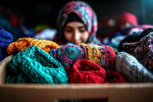 young woman in colorful hijab donates neatly folded clothes charity box illustrating spirit of giving during Eid al Fitr. act reflects strong family traditions and unity photo