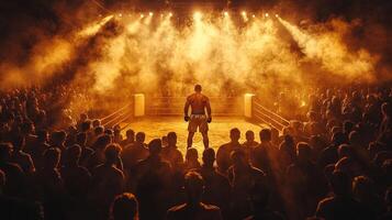 thrilling boxing event unfolds in dimly lit venue filled spectators. boxing ring illuminated spotlights and surrounded smoke sets stage for exhilarating match photo