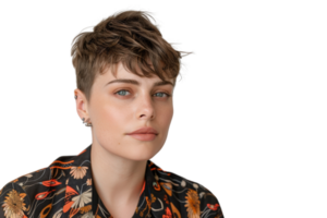 Androgynous Person with Striking Appearance and Short Hair in Floral Shirt, Gender Fluid Expression and Unique Style png