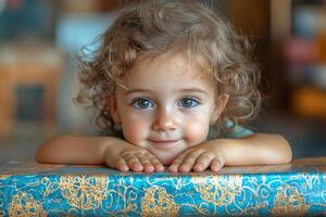 child curly hair enthusiastically wraps handmade gift for their parents showcasing tiny hands and colorful wrapping paper. atmosphere is filled festive excitement photo