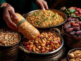 Hands distribute freshly baked bread and dates charity event for Ramadan. scene is filled traditional dishes celebrating unity and community spirit during special time photo