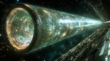 artwork illustrates swift expansion of space time immediately following Big Bang. Vibrant energy streaks surge outward distorting light as cosmos unfolds incredible speed photo