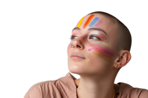 Confident Non Binary Person with Vibrant Rainbow Face Paint Celebrating Identity and Expression png