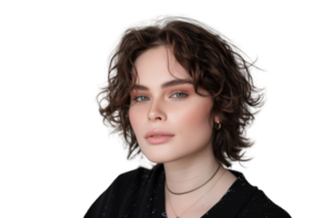 Striking Androgynous Person with Curly Hair and Subtle Makeup Capturing Fluid Gender Expression in a Portrait png