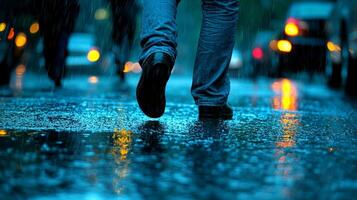 On rainy street man skillfully sidesteps puddles walking on dry pavement. Behind him others battle soggy shoes creating surreal moment filled warmth and luck photo