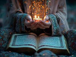 Hands are raised in Dua bathed in soft candlelight while open Quran displays intricate Arabic calligraphy. moment captures essence of Eid al Fitr and family unity photo