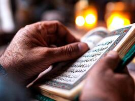Hands are raised in Dua illuminated flickering candlelight open Quran displaying delicate Arabic calligraphy in foreground symbolizing faith and unity during Eid al Fitr photo