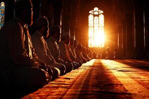 warm ambiance fills mosque as group of young Muslim men sits cross legged discussing religious teachings following their prayers embodying unity and community spirit photo