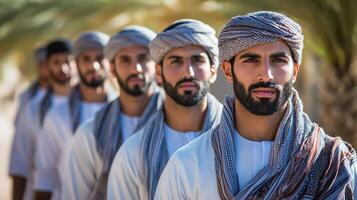 group of Emirati men in elegant kanduras and headscarves stroll in unison through vibrant urban landscape celebrating Eid al Fitr pride and tradition reflecting cultural unity photo