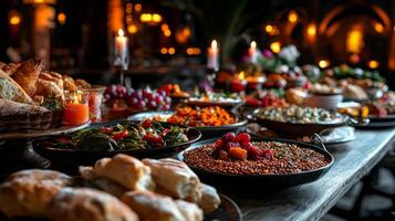 beautifully arranged Ramadan Iftar table showcases variety of traditional dishes such as lentil soup stuffed grape leaves and fresh bread photo