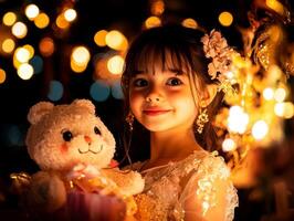 young girl holds her new plush toy tightly beaming smile on her face her eyes sparkling happiness as she enjoys moment illuminated warm fairy lights in background photo