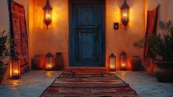 traditional Middle Eastern courtyard features glowing lanterns and vibrant textiles creating serene ambiance perfect for Ramadan gatherings and family reunions filled joy photo
