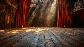 spotlight highlights wooden floor of dimly lit theater stage while shadows stretch and dust particles dance in air creating enchanting atmosphere of theater magic photo