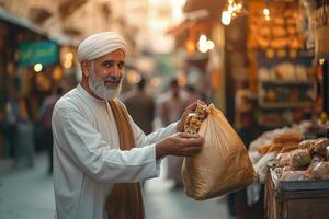 Muslim man in white thobe generously hands bag of food homeless person on bustling city street. warm afternoon sunlight highlights kindness in heartfelt gesture photo