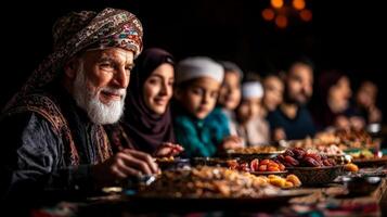 multi generational Muslim family gathers enjoy festive meal featuring delicious sweets and colorful decorations celebrating Eid al Fitr joy and unity photo