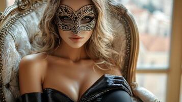 confident woman adorned in black and gold Venetian mask sits elegantly on vintage armchair. rich lighting highlights intricate details of her mask and luxurious satin gloves photo
