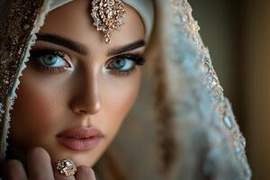 Muslim woman is fastening decorative brooch on her hijab while admiring her reflection in softly lit dressing table mirror preparing for family celebration during Eid al Fitr photo