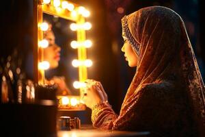 In softly lit room Muslim woman fastens decorative brooch on her hijab gazing her reflection in elegant dressing table mirror while preparing for Eid al Fitr photo