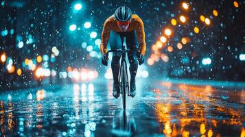speed skater moves swiftly on ice head low and arms tucked eyes locked ahead. arena lights illuminate scene enhancing excitement and energy of race photo