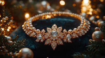 Sparkling diamonds and gold chains come together in luxurious geolocation pin set against dark velvet backdrop enhances opulent design. perfect blend of elegance and sophistication photo