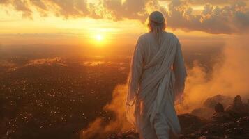 Baldur stands amidst smoldering earth dressed in pure white gazing golden sunrise breaks through smoke representing renewal and hope after destruction photo