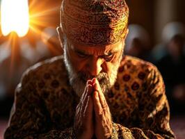 Imam prepares lead Maghrib prayer hands raised in reverence while devoted worshippers gather quietly behind him in mosque during spiritual moment photo