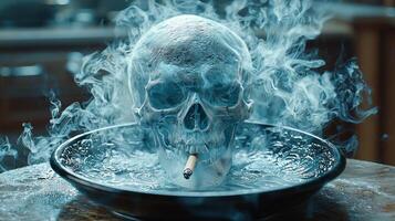 cigarette smolders in elegant black ashtray while smoke rises and forms outline of skull conveying harmful effects of smoking on health and life photo