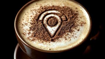 artistic coffee shop advertisement showcases latte geolocation pin design drawn in cocoa powder on foam. close up reveals intricate details and rich textures photo