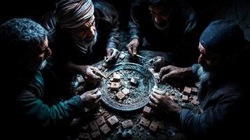 Muslim community members gather repair damaged house demonstrating teamwork and dedication as they lift bricks and wooden planks embodying unity and resilience photo