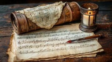 vintage writing desk showcases flickering candle beside delicate quill dipped in deep red ink crafting half written confession on single sheet of paper photo