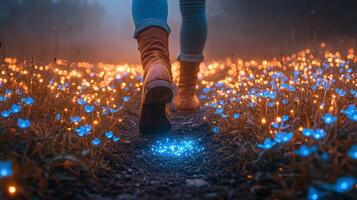 booted foot steps into soft earth leaving fresh imprint. From it surreal flowers bloom in glowing shades while luminescent mushrooms and vines emerge creating magical transformation photo
