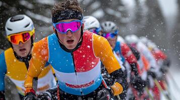 Biathletes launch from starting line in major competition their colorful racing suits contrasting against snowy backdrop. Snow dust rises as they sprint forward photo
